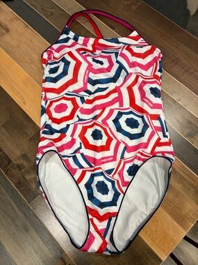 Size 12 Lands' End Women’s ' Pink Red and Navy Geometric One-Piece Swim Suit